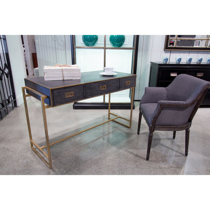 Grey Leather Shagreen Desk by Sarreid Ltd. in gray and 3 drawers w/marbleized paper. Made from leather, marble, iron in a transitional style.