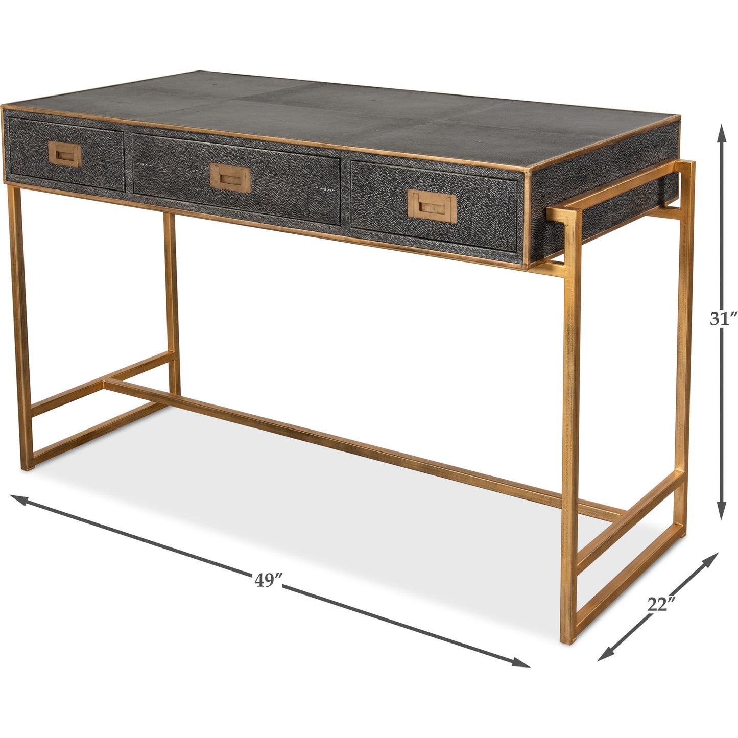 004 SR-857752 | Additional Silo | Grey Leather Shagreen Desk by Sarreid Ltd. in gray and 3 drawers w/marbleized paper. Made from leather, marble, iron in a transitional style.