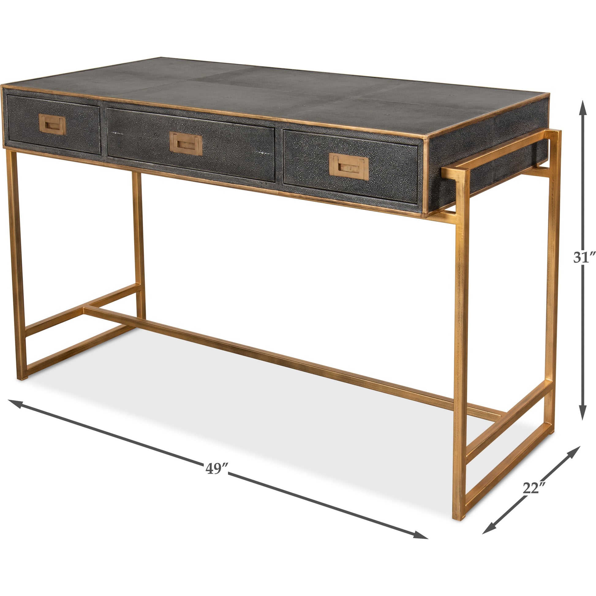 Grey Leather Shagreen Desk by Sarreid Ltd. in gray and 3 drawers w/marbleized paper. Made from leather, marble, iron in a transitional style.