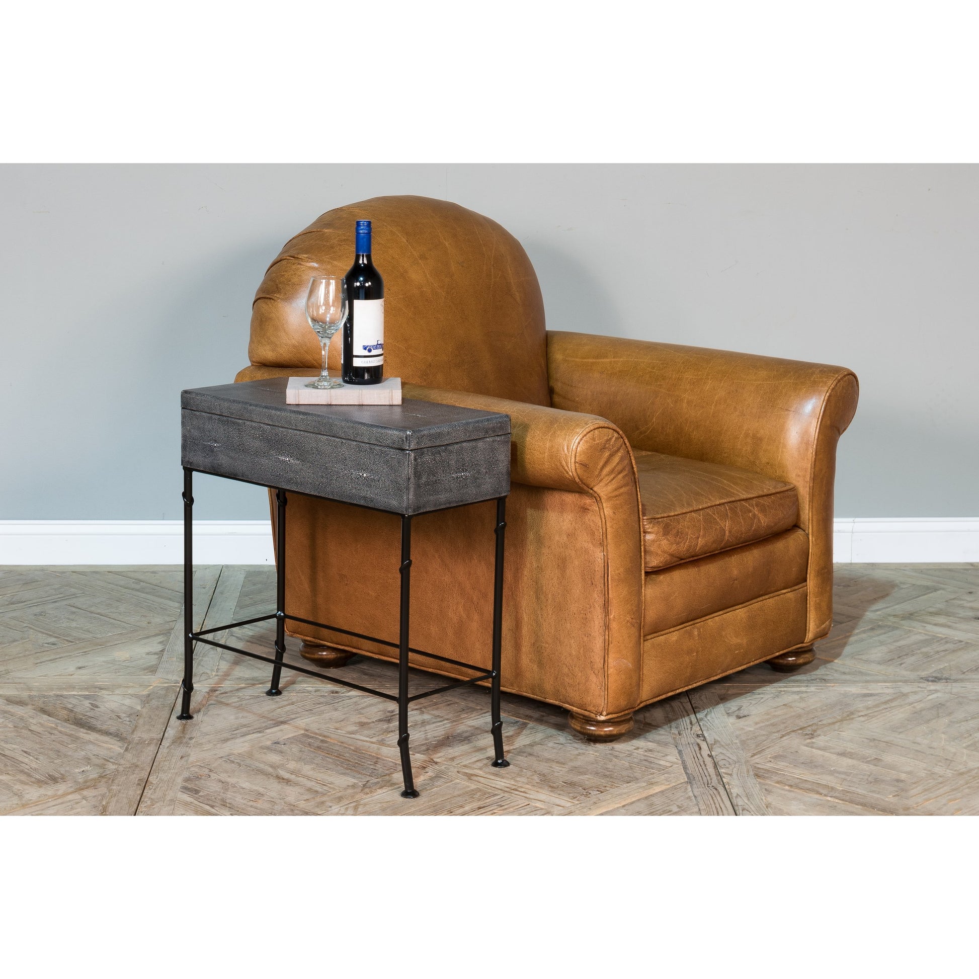 Grey Leather Shagreen Box On Stand by Sarreid Ltd. in gray and marbleized paper interior. Made from leather, marble, iron in a modern style.