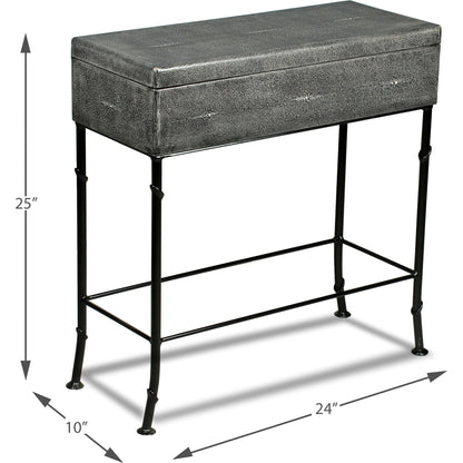 Grey Leather Shagreen Box On Stand by Sarreid Ltd. in gray and marbleized paper interior. Made from leather, marble, iron in a modern style.