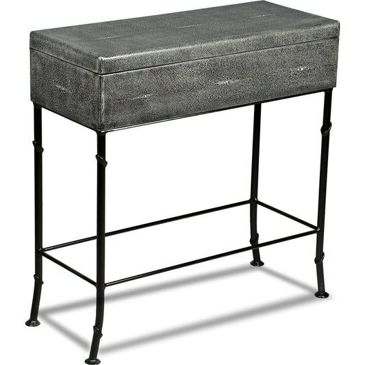 Grey Leather Shagreen Box On Stand by Sarreid Ltd. in gray and marbleized paper interior. Made from leather, marble, iron in a modern style.