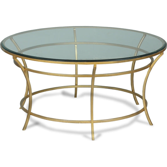 Round Coffee Table by Sarreid Ltd. in natural and antique gold finish. Made from glass, iron in a transitional style.