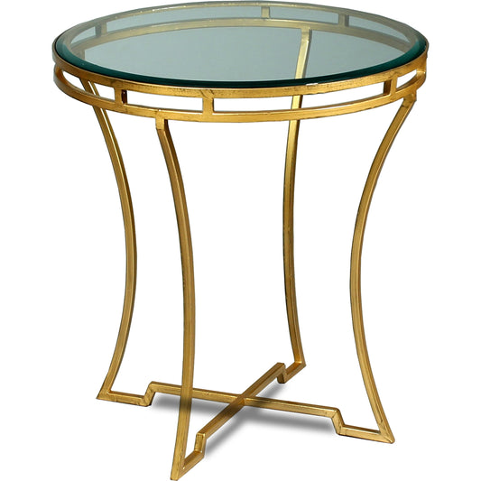 Round Side Table by Sarreid Ltd. in gold and antique gold finish. Made from glass, iron in a transitional style.
