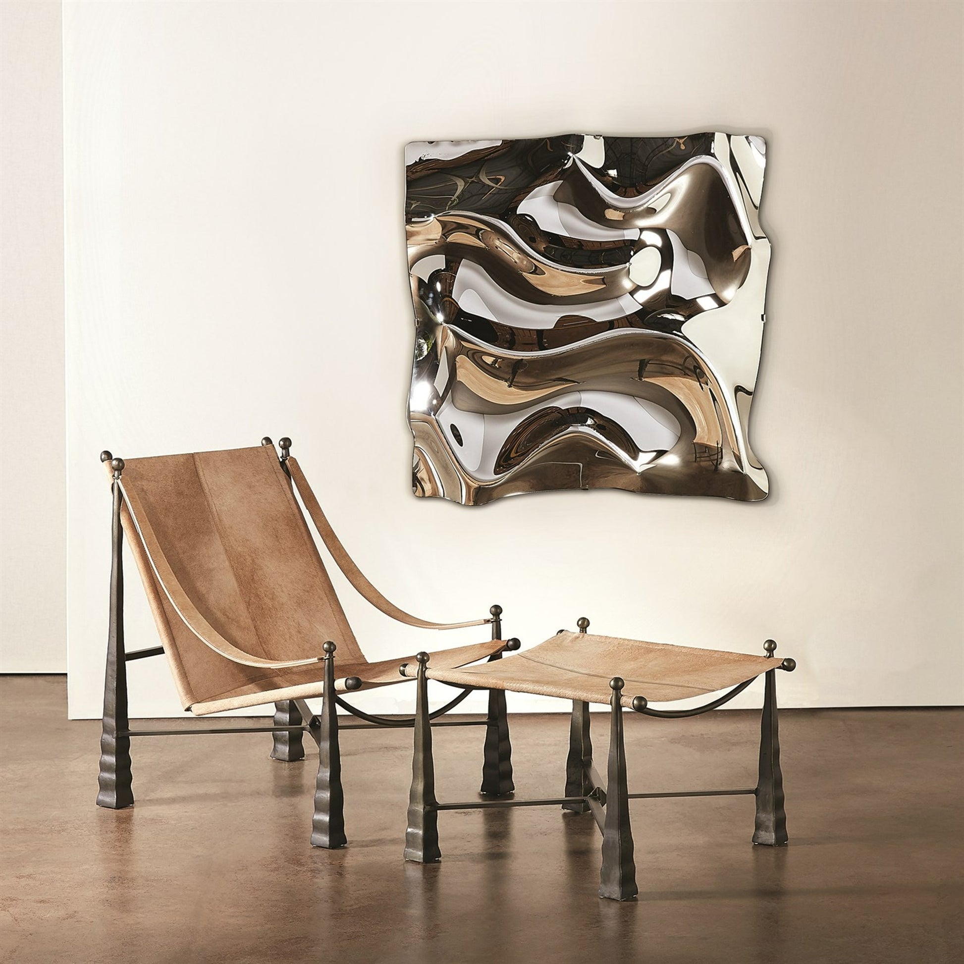 Cognac Ottoman by Global Views. Made from metal, cowhide in a rustic style.