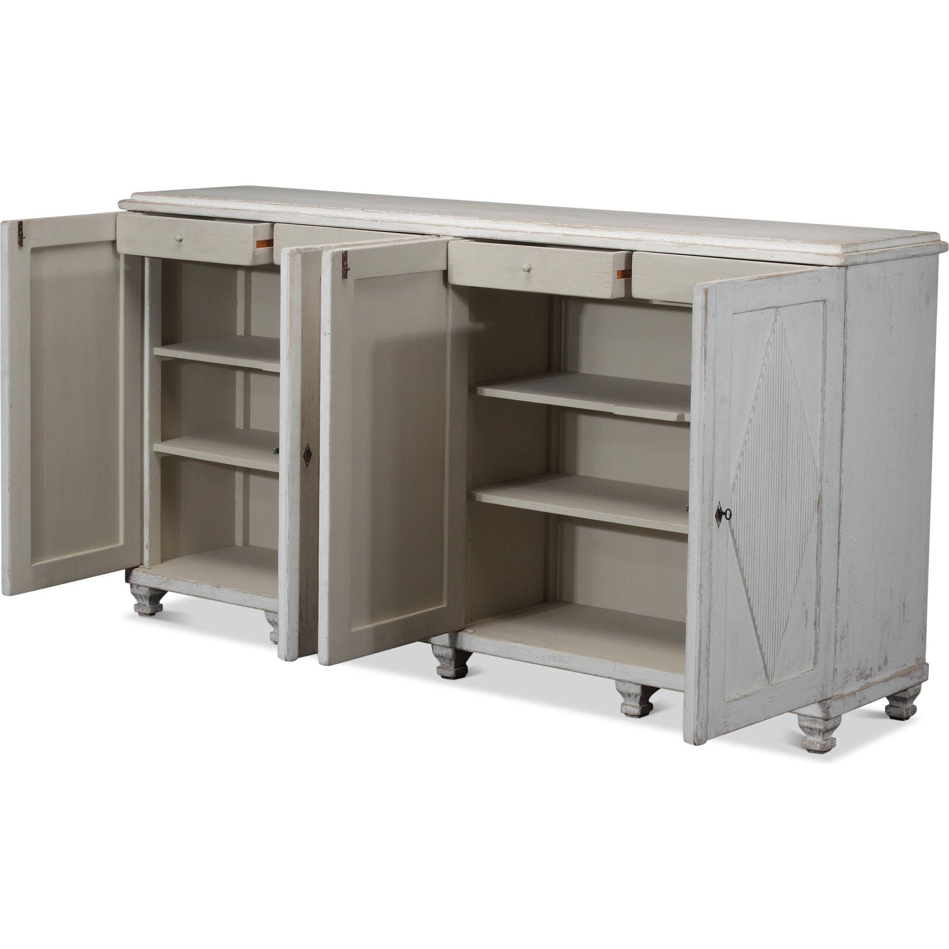 Beecher 4-Door Sideboard by Sarreid Ltd. in white and four fixed shelves. Made from pine in a cottage & farmhouse style.