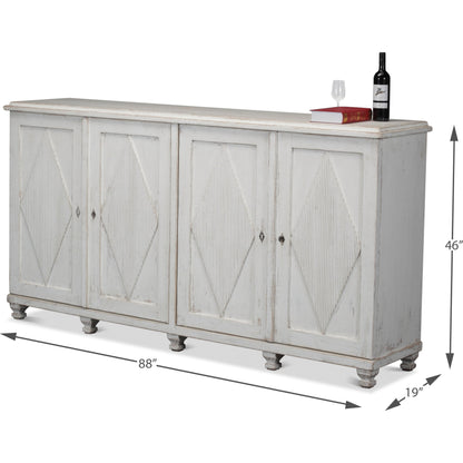 Beecher 4-Door Sideboard by Sarreid Ltd. in white and four fixed shelves. Made from pine in a cottage & farmhouse style.