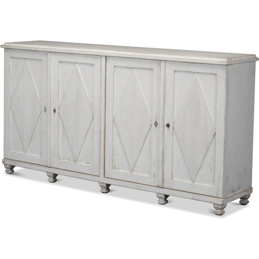 4 Door Sideboard by Sarreid Ltd. in white and four fixed shelves. Made from pine in a cottage & farmhouse style.