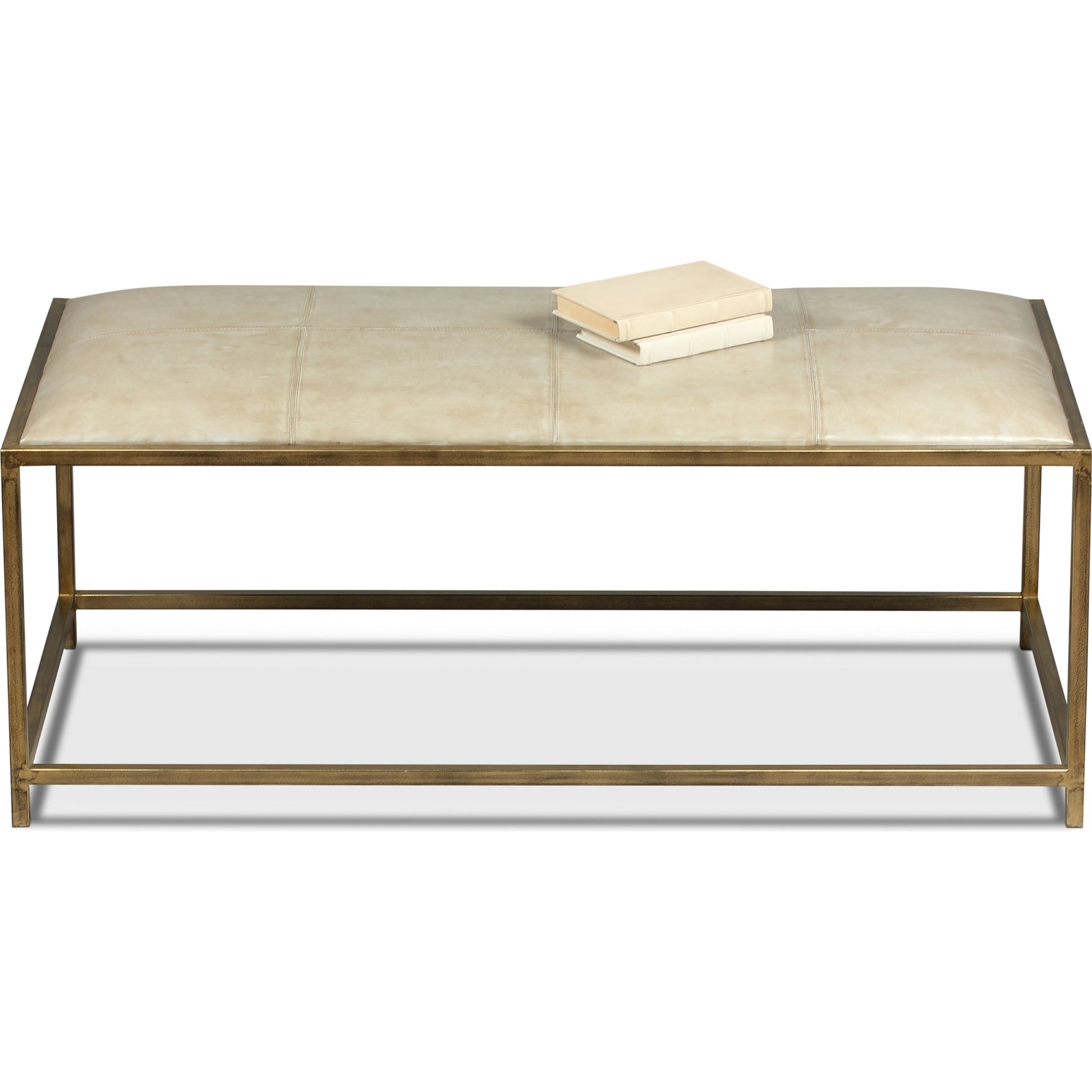 Montvale Coffee Table/Bench by Sarreid Ltd. in beige and antiqued vellum finish. Made from leather, iron in a transitional style.