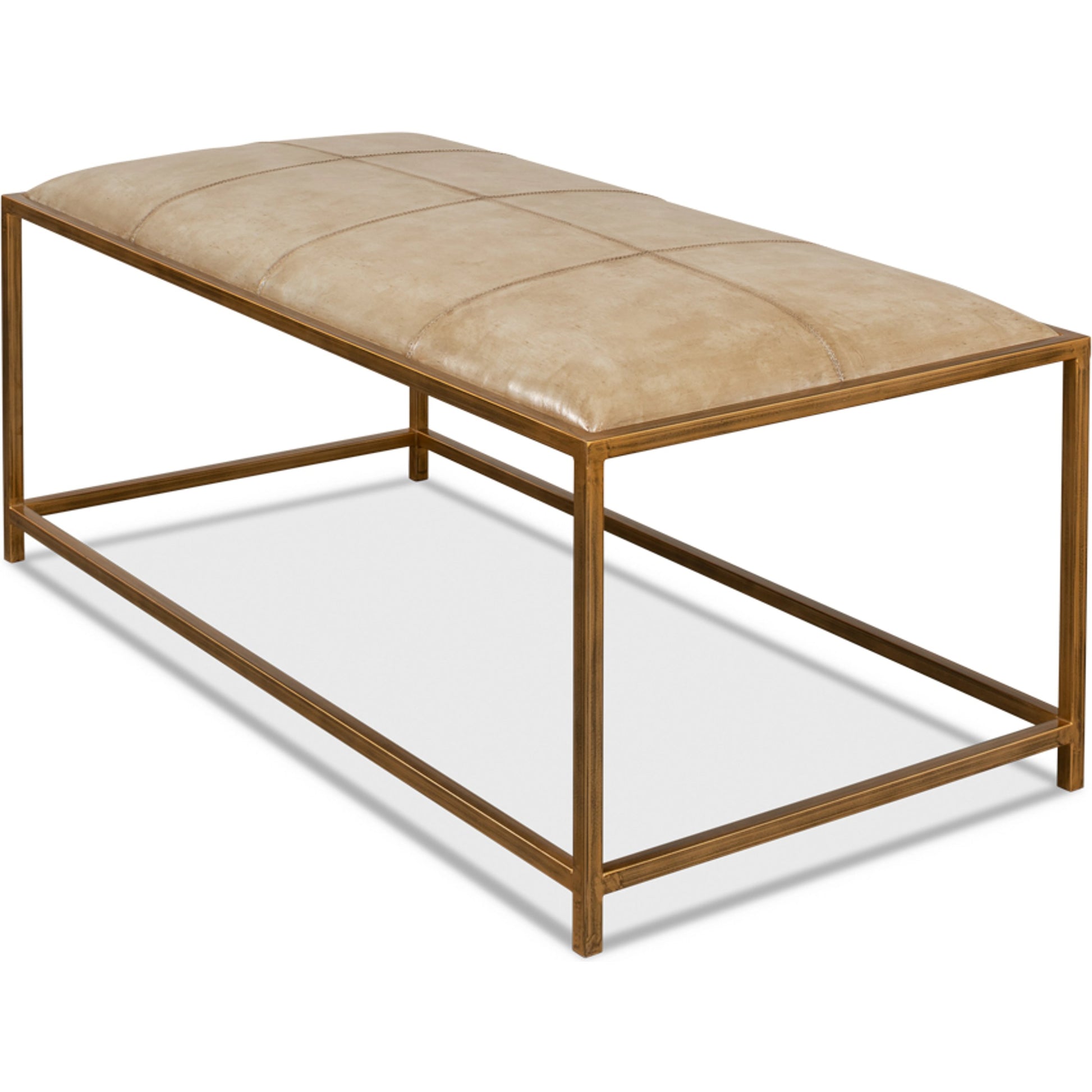 Montvale Coffee Table/Bench by Sarreid Ltd. in beige and antiqued vellum finish. Made from leather, iron in a transitional style.