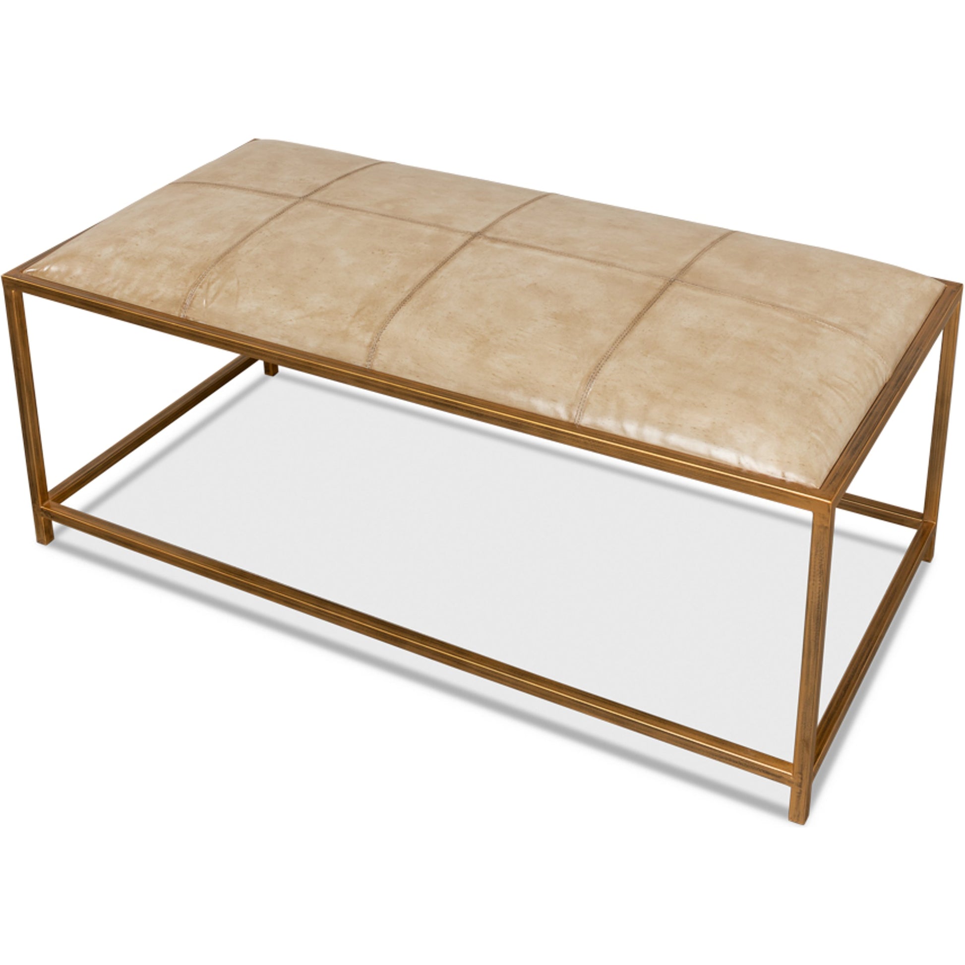 Montvale Coffee Table/Bench by Sarreid Ltd. in beige and antiqued vellum finish. Made from leather, iron in a transitional style.