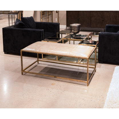 Montvale Coffee Table/Bench by Sarreid Ltd. in beige and antiqued vellum finish. Made from leather, iron in a transitional style.