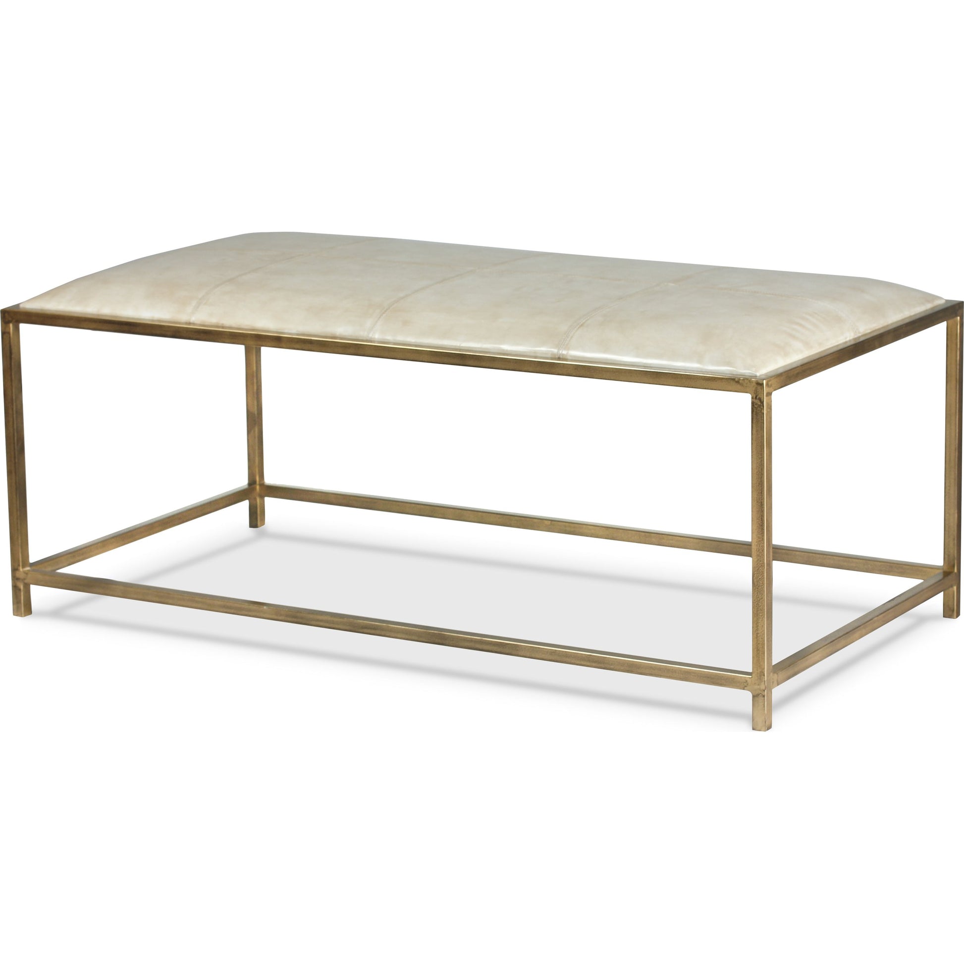 Montvale Coffee Table/Bench by Sarreid Ltd. in beige and antiqued vellum finish. Made from leather, iron in a transitional style.