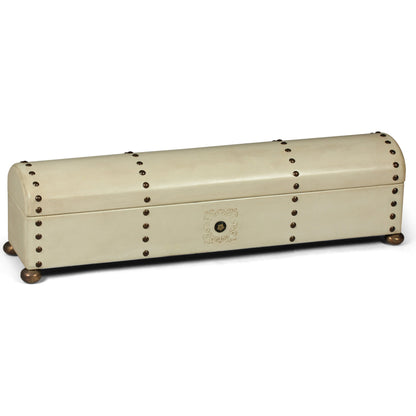 Leather Telescope Box by Sarreid Ltd. in ivory and printed paper inside. Made from wood, leather, brass in a traditional style.