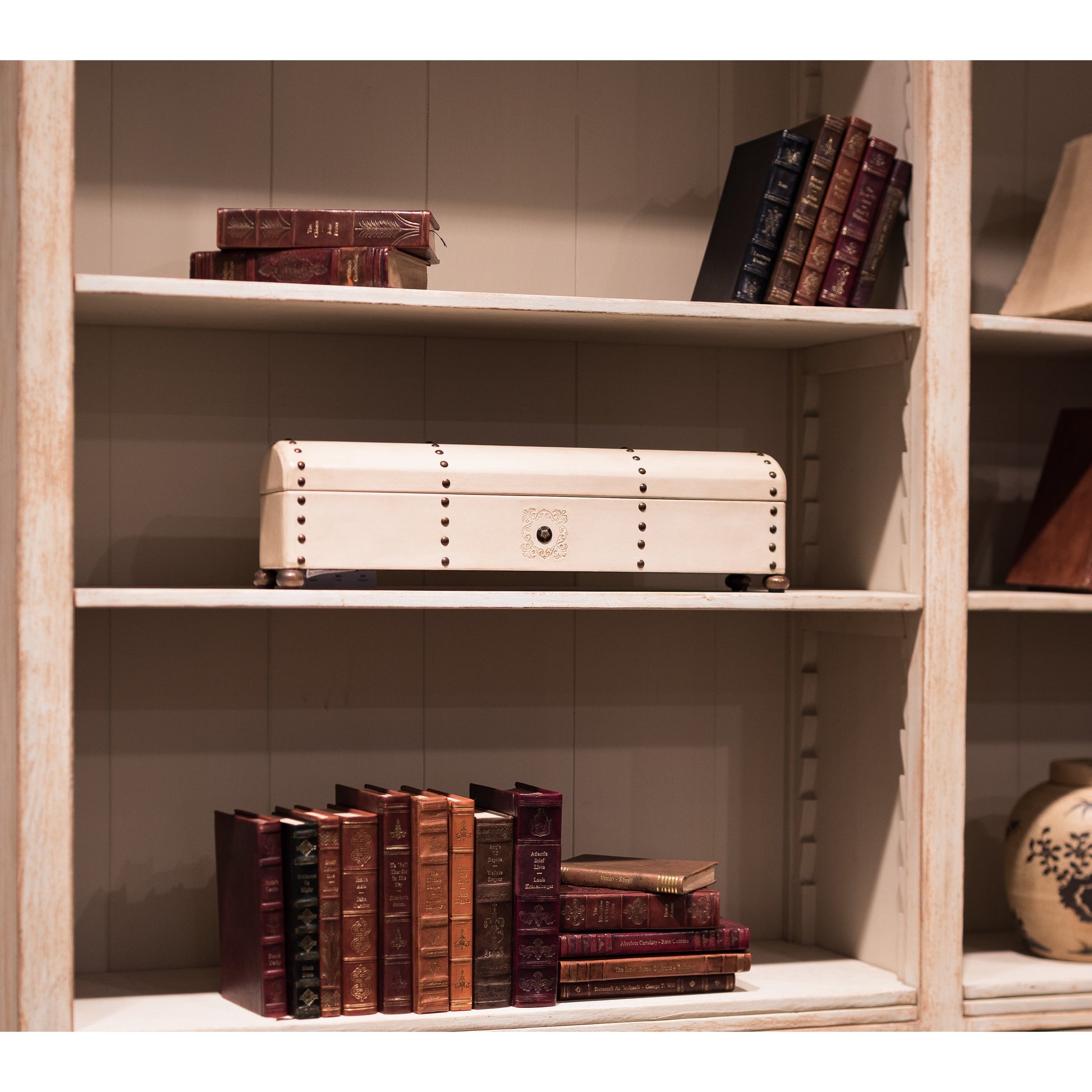 Leather Telescope Box by Sarreid Ltd. in ivory and printed paper inside. Made from wood, leather, brass in a traditional style.