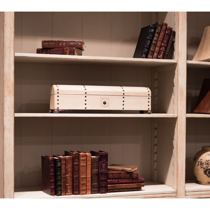 Leather Telescope Box by Sarreid Ltd. in ivory and printed paper inside. Made from wood, leather, brass in a traditional style.