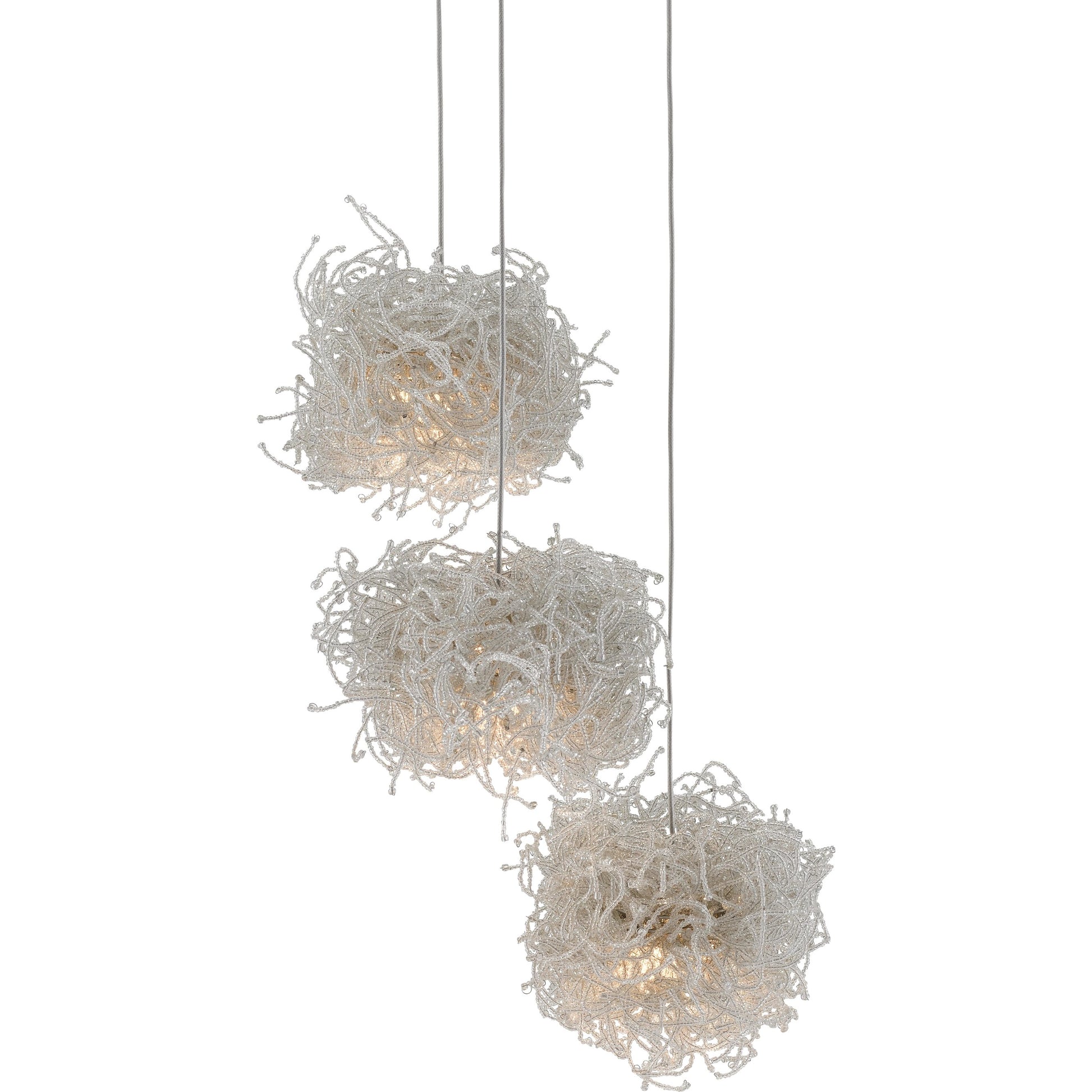 Birds Nest Pendant by Currey and Company in painted silver, clear. Made from metal, glass bead in a modern style.