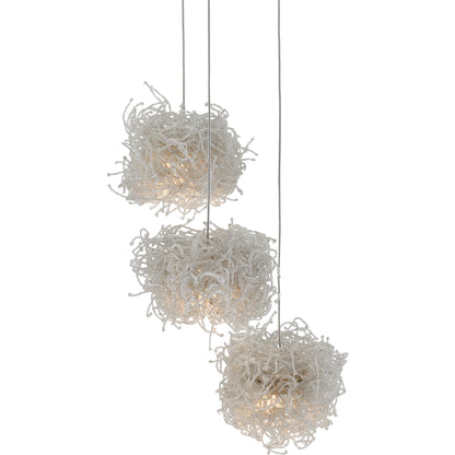 Birds Nest Pendant by Currey and Company in painted silver, clear. Made from metal, glass bead in a modern style.