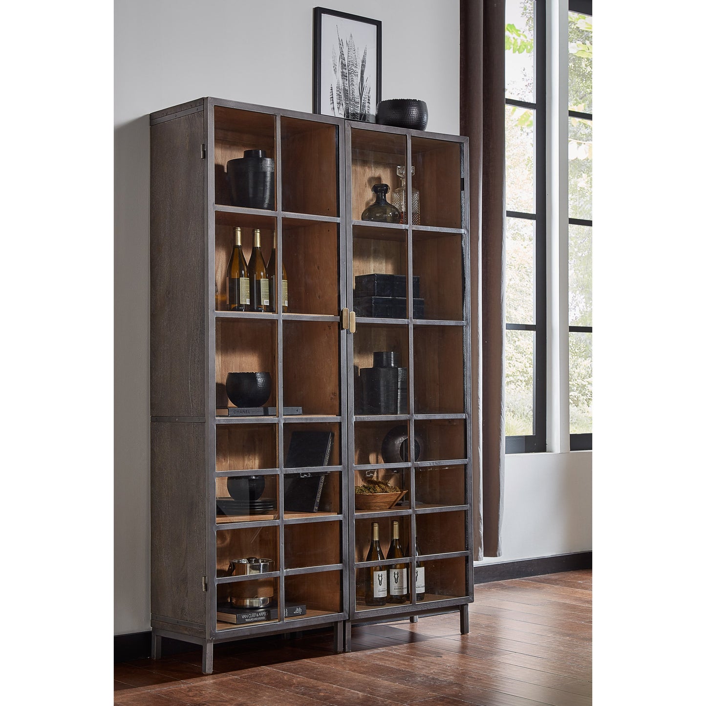 006 SR-857397 | Lifestyle | A Gem Of A Handle Display Cabinet by Sarreid Ltd. in gray and moleskin grey gunmetal. Made from acacia wood, glass, steel in a modern style.