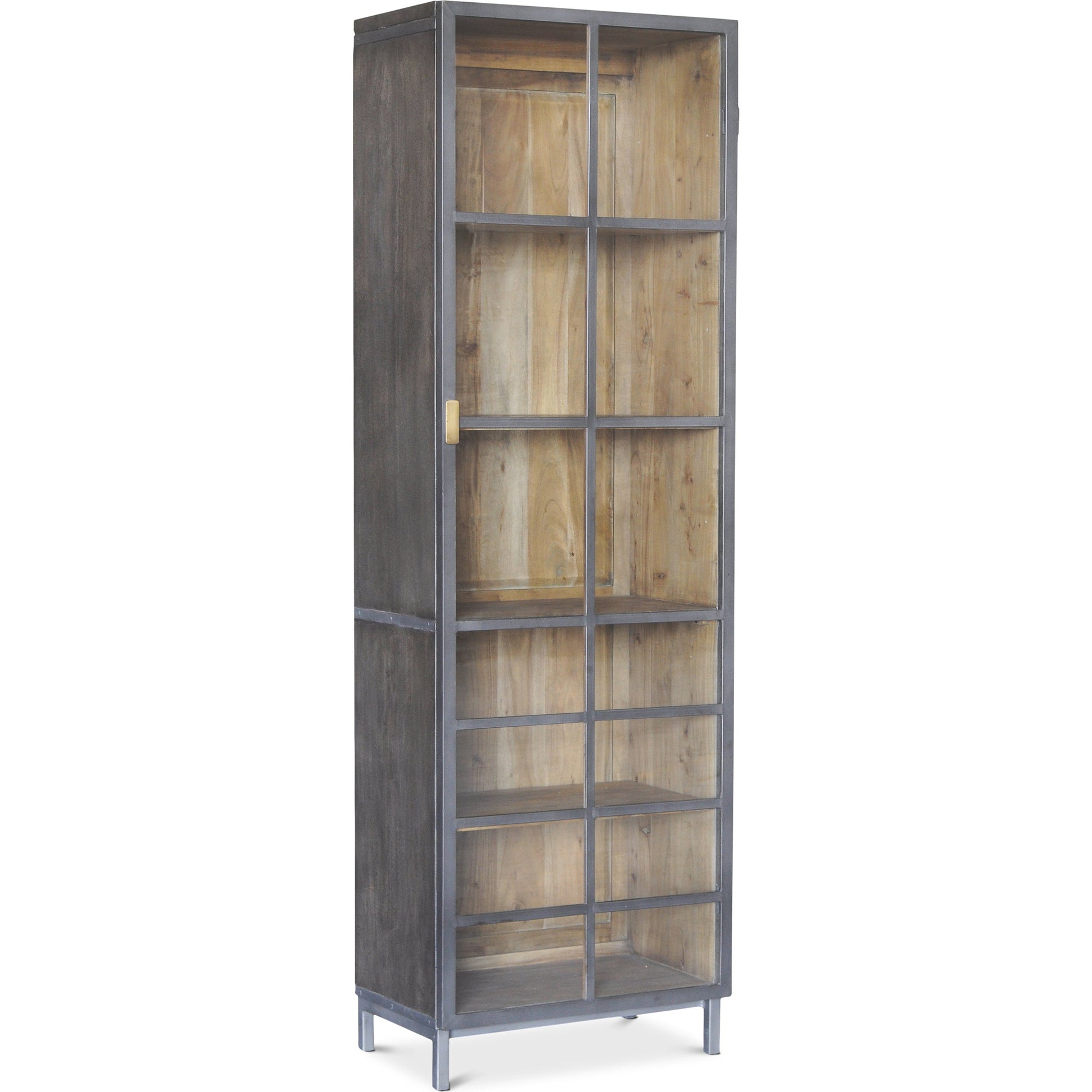 A Gem Of A Handle Display Cabinet by Sarreid Ltd. in gray and moleskin grey gunmetal. Made from acacia wood, glass, steel in a modern style.