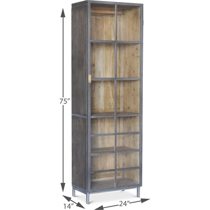 A Gem Of A Handle Display Cabinet by Sarreid Ltd. in gray and moleskin grey gunmetal. Made from acacia wood, glass, steel in a modern style.