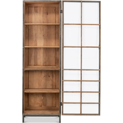 A Gem Of A Handle Display Cabinet by Sarreid Ltd. in gray and moleskin grey gunmetal. Made from acacia wood, glass, steel in a modern style.