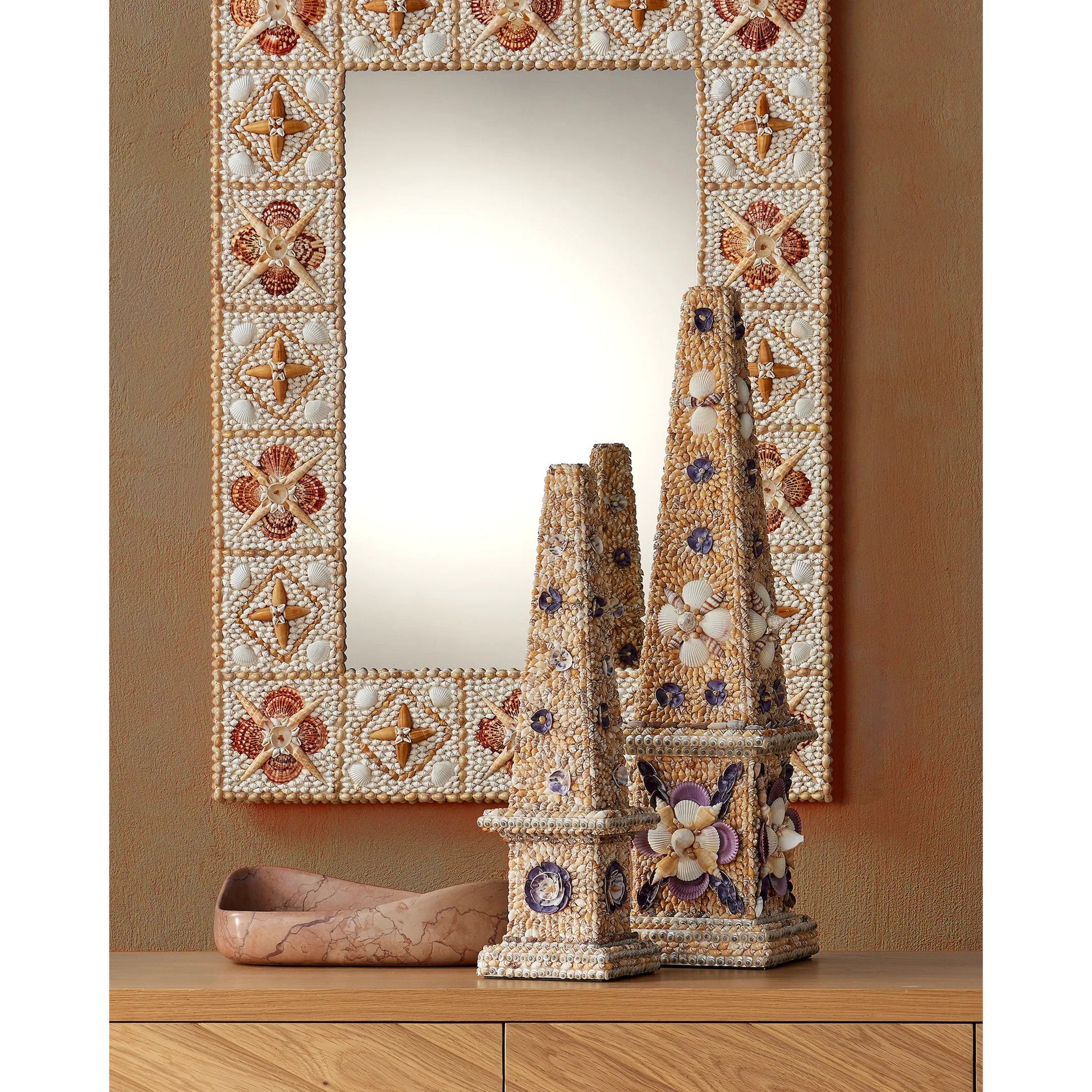 Coquillage Short Obelisk by Currey and Company in natural. Made from shells, wood in a eclectic & global style.