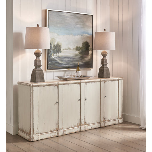 Villefranche Sideboard by Sarreid Ltd. in white and washed white 3 removable shelves. Made from pine in a cottage & farmhouse style.