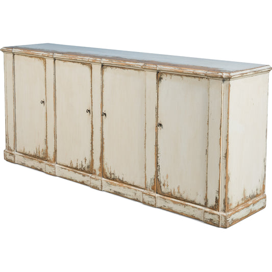 Villefranche Sideboard by Sarreid Ltd. in white and washed white 3 removable shelves. Made from pine in a cottage & farmhouse style.