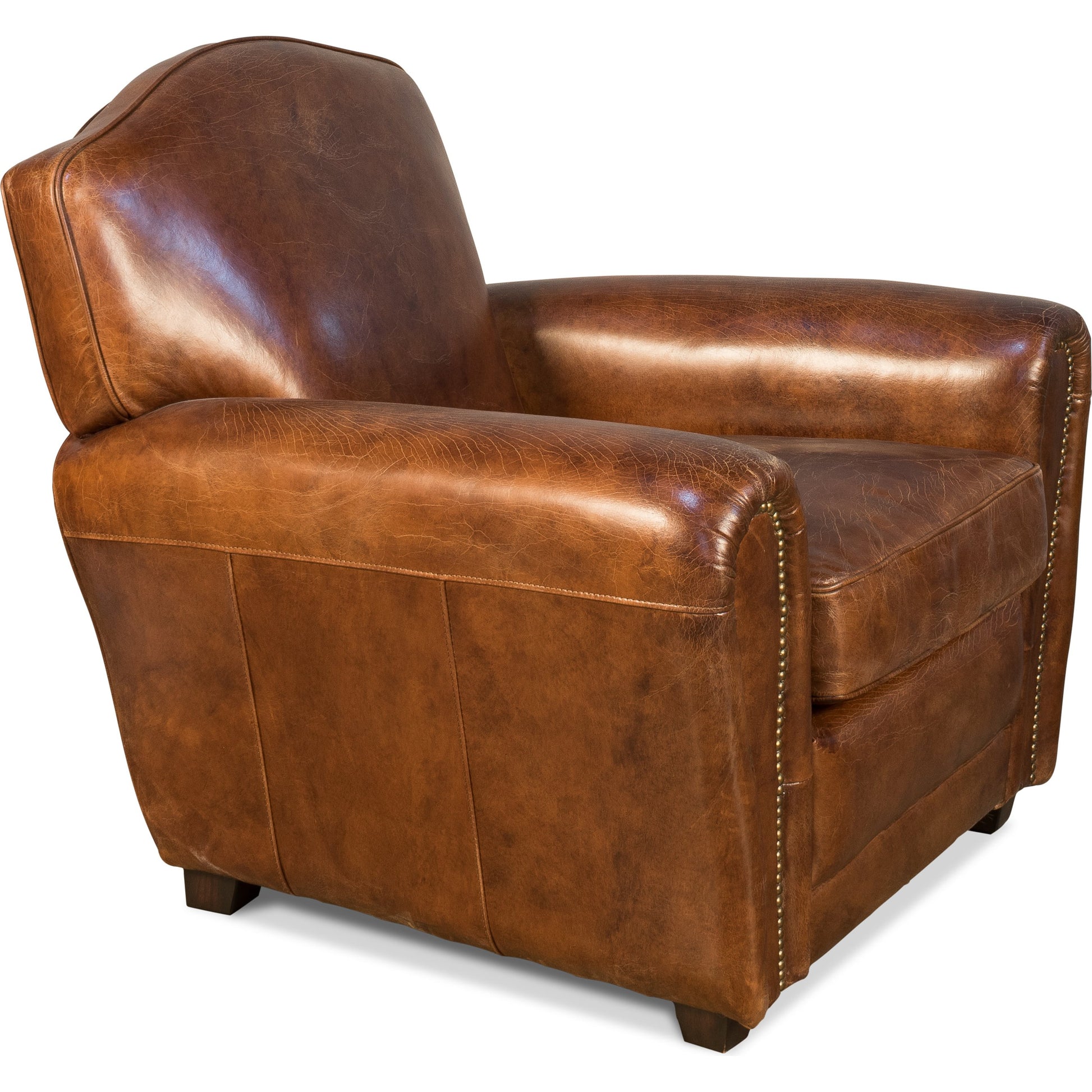 Elite French Club Chair by Sarreid Ltd. in brown and vintage cigar leather. Made from wood, leather in a rustic style.