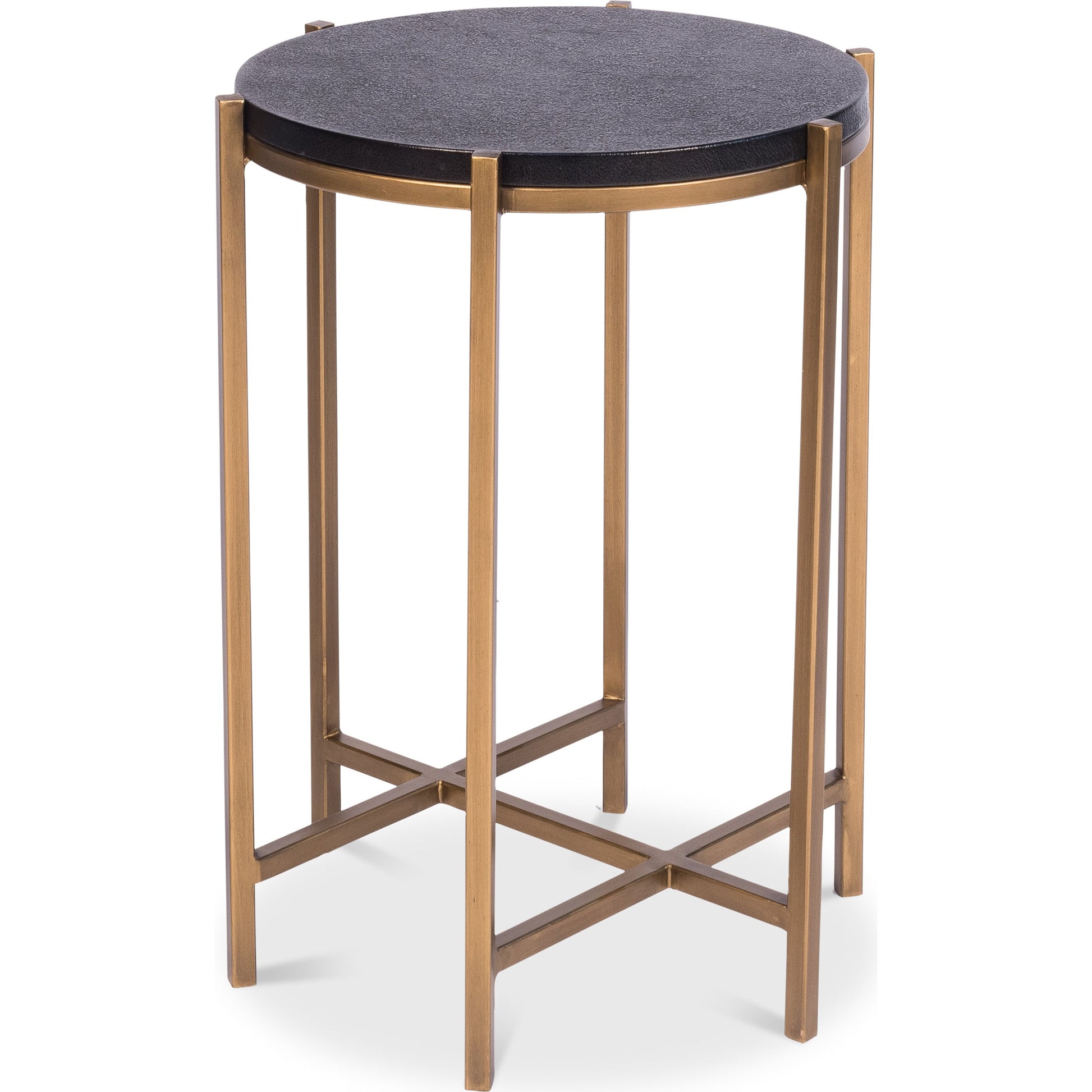 Stillwell Side Table by Sarreid Ltd. in black and black natural leather ant.gold iron. Made from mdf, leather, iron in a transitional style.