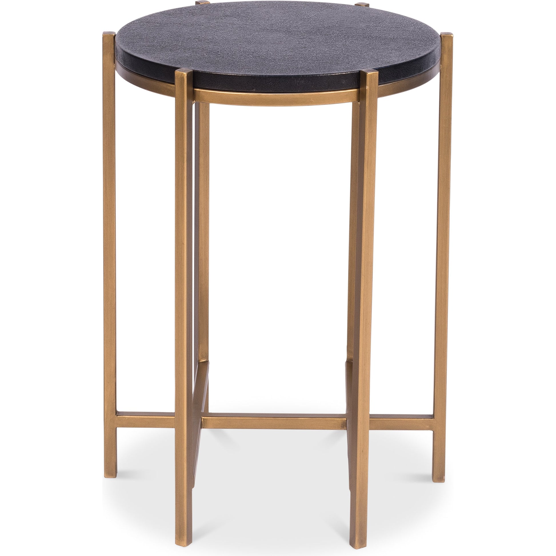 Stillwell Side Table by Sarreid Ltd. in black and black natural leather ant.gold iron. Made from mdf, leather, iron in a transitional style.