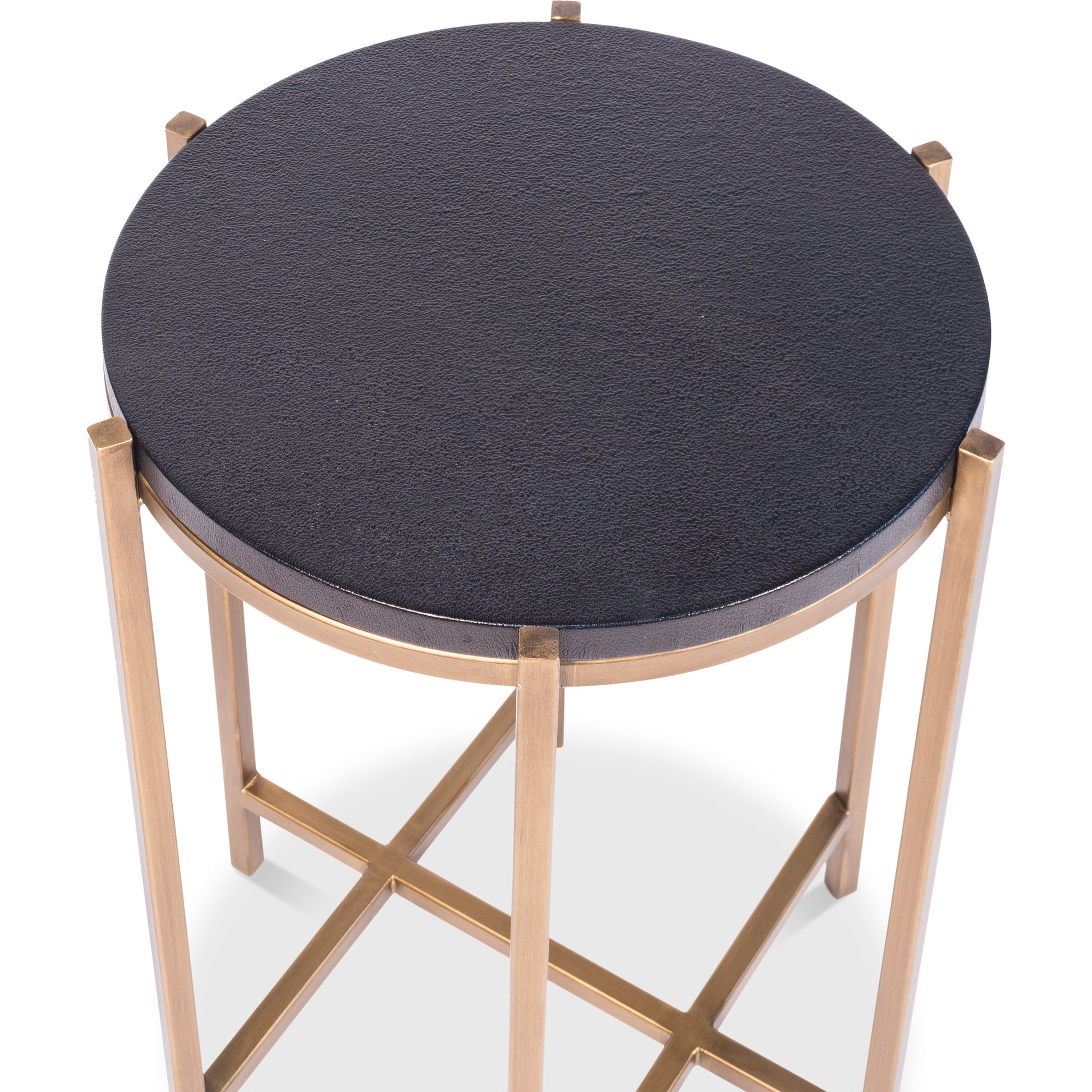 Stillwell Side Table by Sarreid Ltd. in black and black natural leather ant.gold iron. Made from mdf, leather, iron in a transitional style.