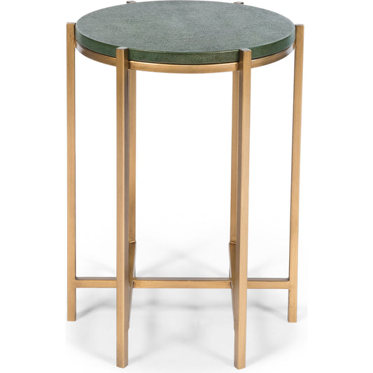 Hobart Side Table by Sarreid Ltd. in green and green shagreen ant.fin ant.gld base. Made from mdf, leather, iron in a transitional style.
