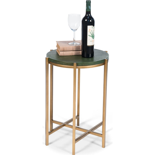 Hobart Side Table by Sarreid Ltd. in green and green shagreen ant.fin ant.gld base. Made from mdf, leather, iron in a transitional style.