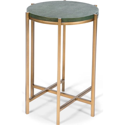 Hobart Side Table by Sarreid Ltd. in green and green shagreen ant.fin ant.gld base. Made from mdf, leather, iron in a transitional style.