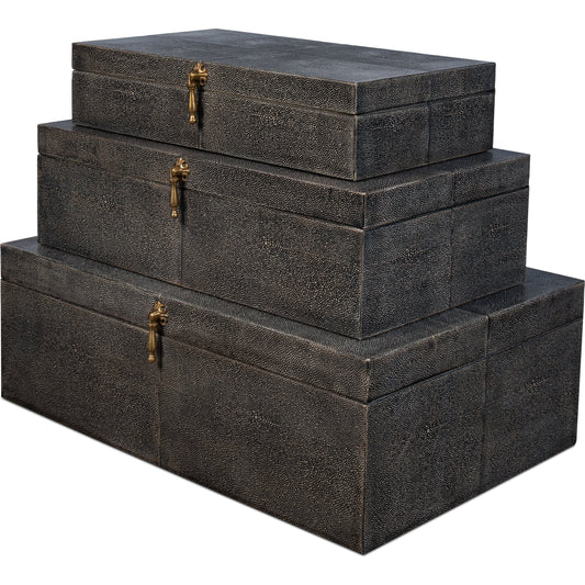 Cosmos Nesting Boxes by Sarreid Ltd.. Made from shagreen leather, wood, brass in a transitional style.