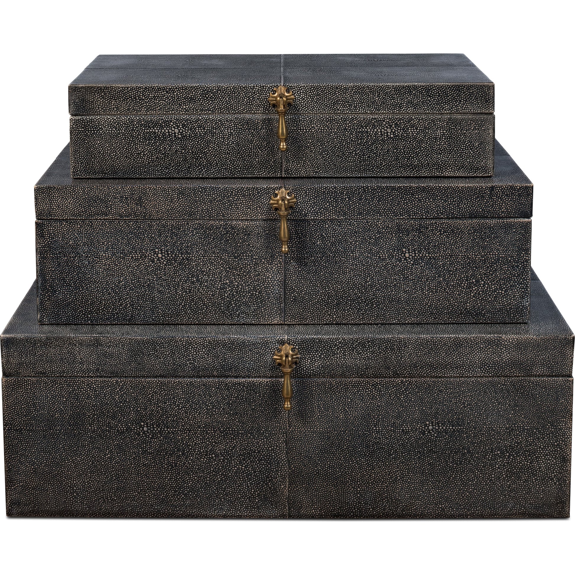 Cosmos Nesting Boxes by Sarreid Ltd.. Made from shagreen leather, wood, brass in a transitional style.