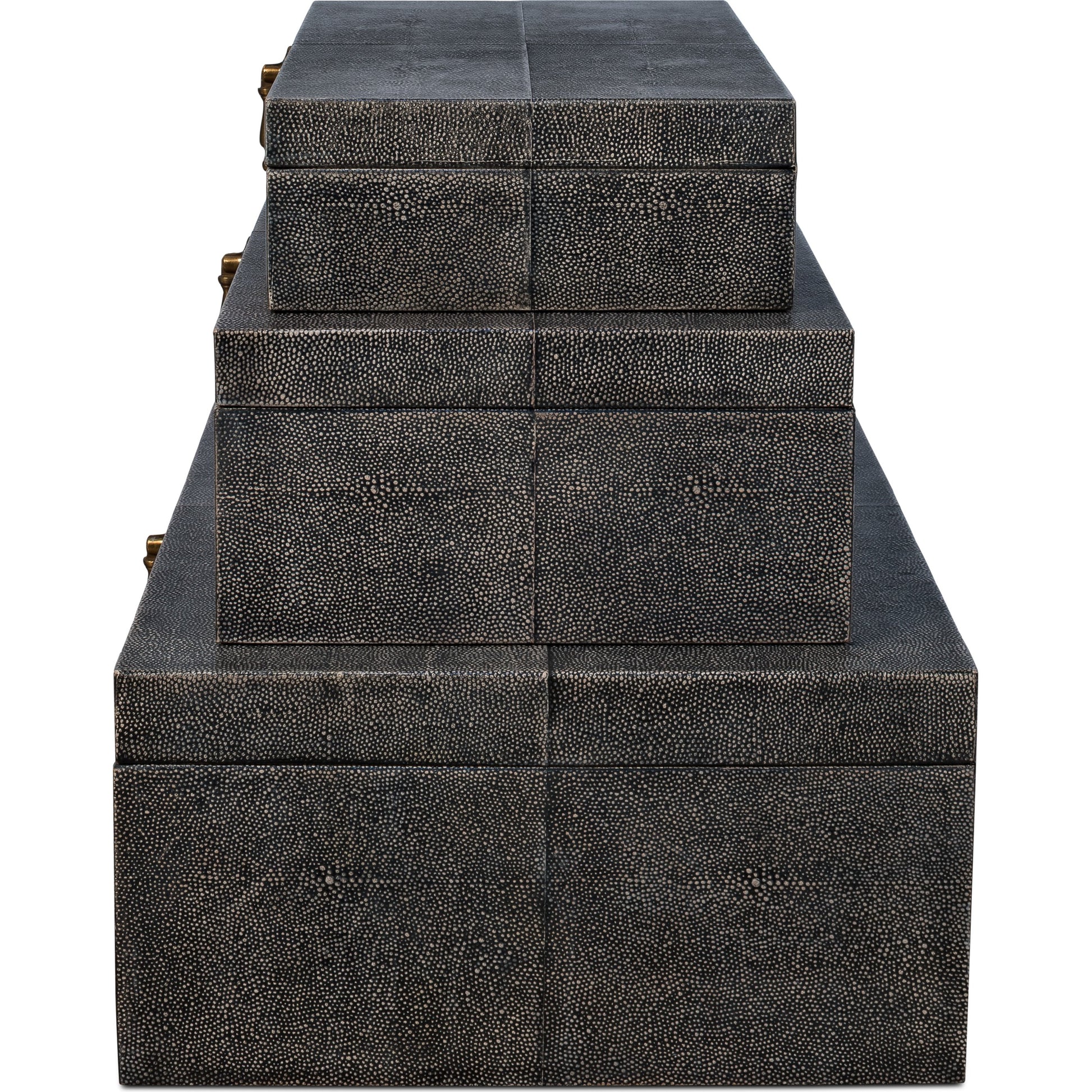 Cosmos Nesting Boxes by Sarreid Ltd.. Made from shagreen leather, wood, brass in a transitional style.