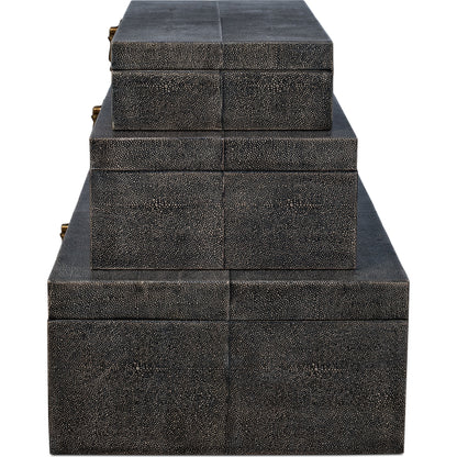 Cosmos Nesting Boxes by Sarreid Ltd.. Made from shagreen leather, wood, brass in a transitional style.