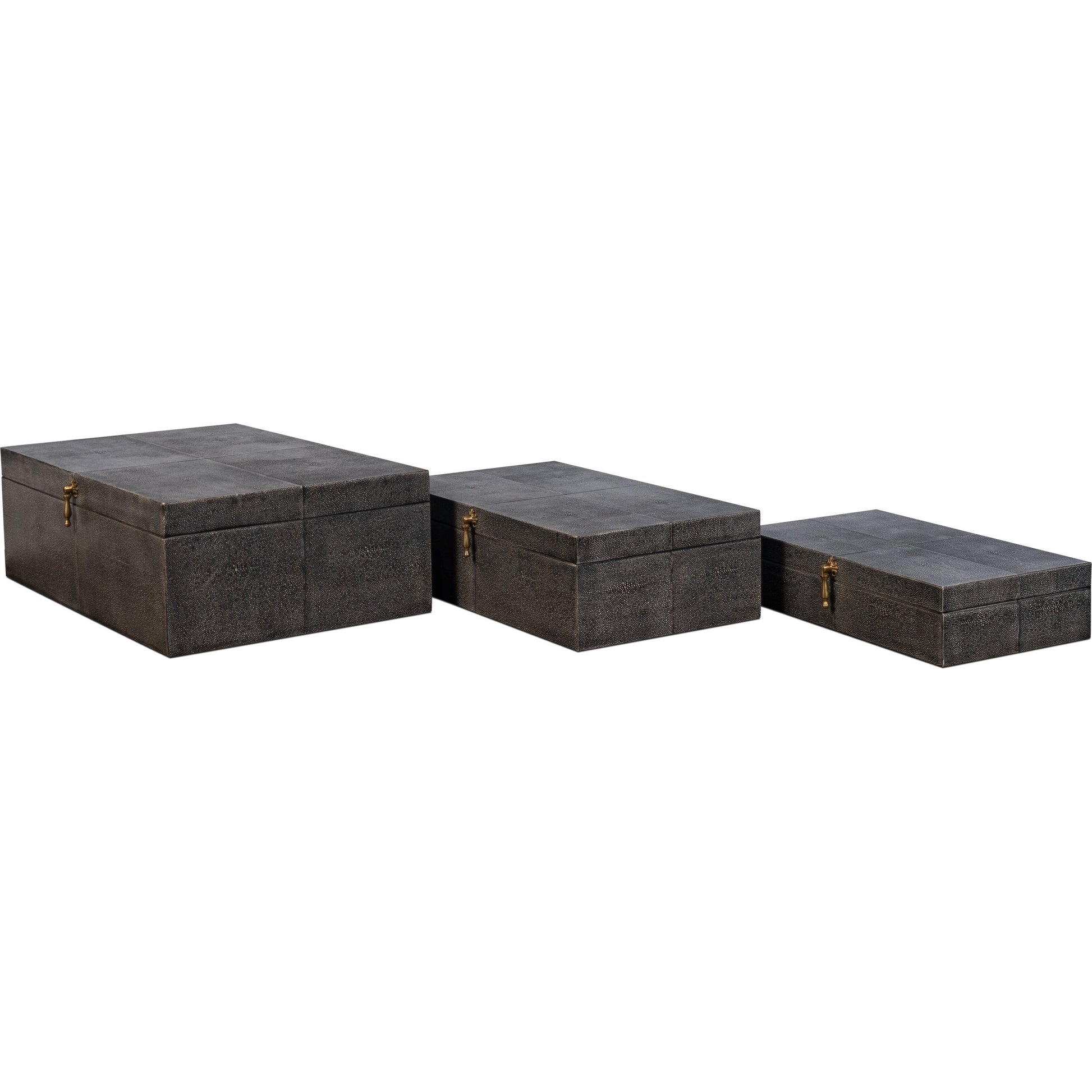 Cosmos Nesting Boxes by Sarreid Ltd.. Made from shagreen leather, wood, brass in a transitional style.