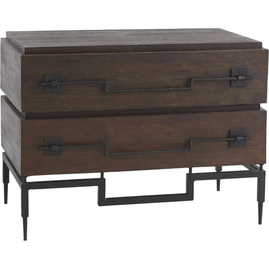 Scratch Two-Drawer Chest by Global Views in dark brown stain, matte lacquer, satin black powder coat. Made from mango in a rustic style.