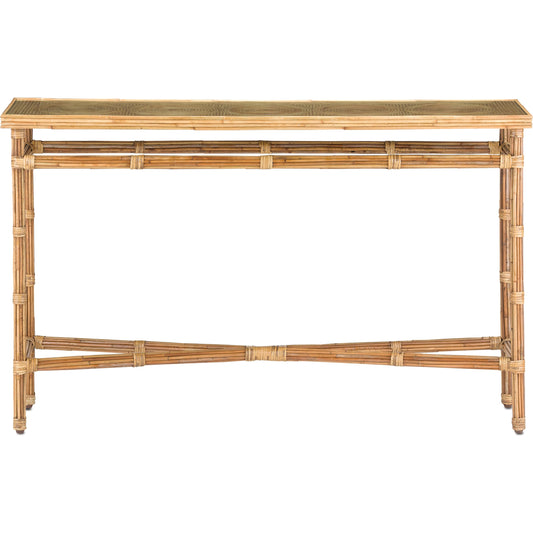 Silang Console Table by Currey and Company in natural rattan, clear. Made from rattan, wrought iron, glass in a coastal style.