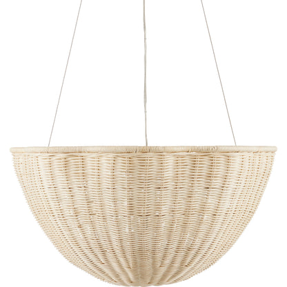 Telos Pendant by Currey and Company in bleached natural, vanilla. Made from rattan, wrought iron in a coastal style.