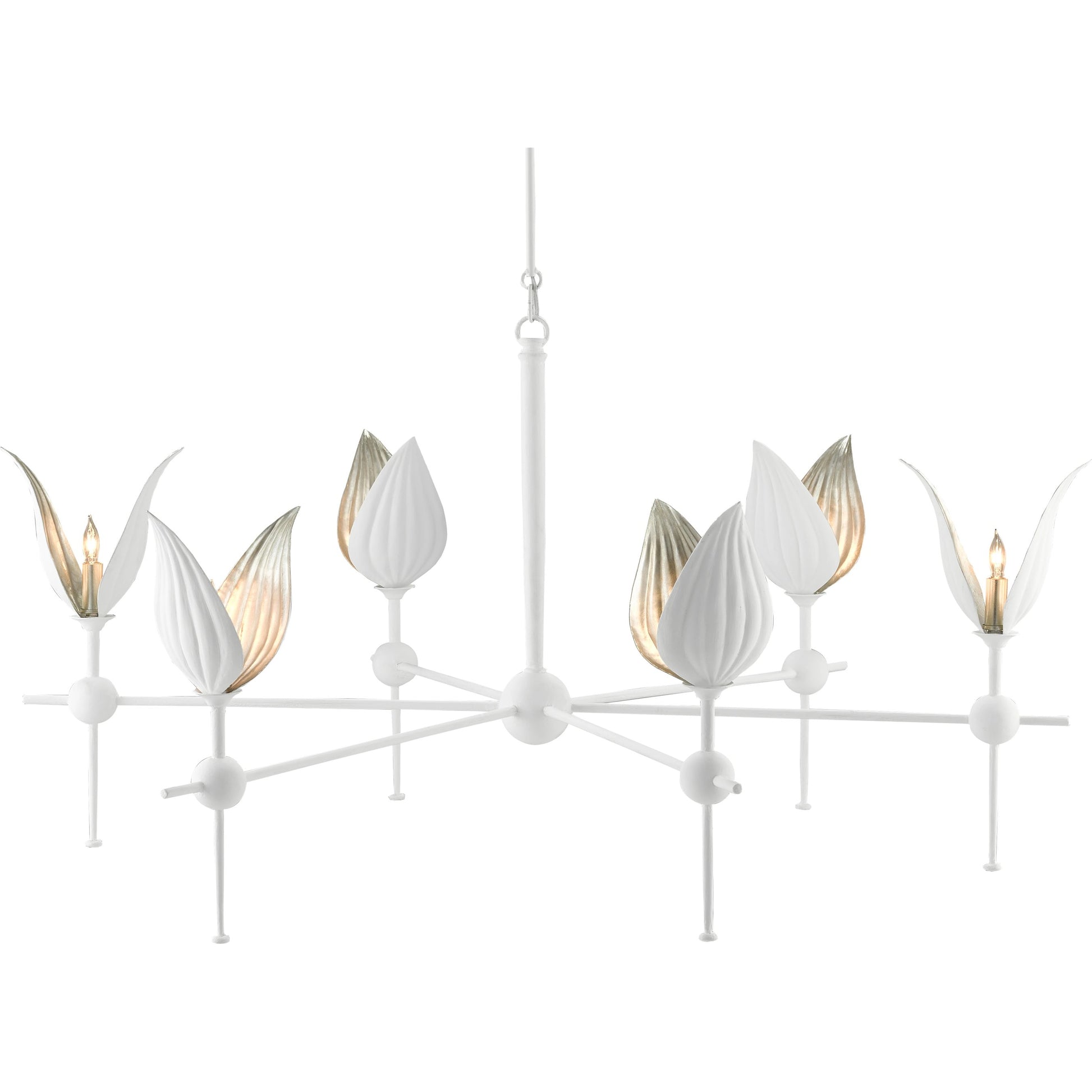 Peace Lily Chandelier by Currey and Company in gesso white, silver leaf. Made from wrought iron in a cottage & farmhouse style.