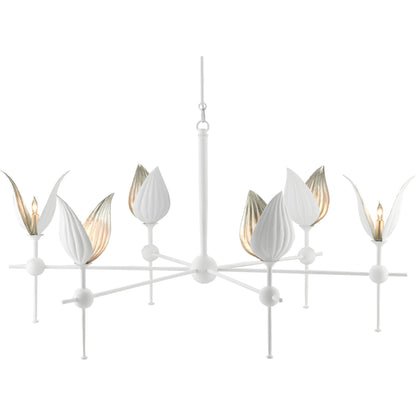Peace Lily Chandelier by Currey and Company in gesso white, silver leaf. Made from wrought iron in a cottage & farmhouse style.