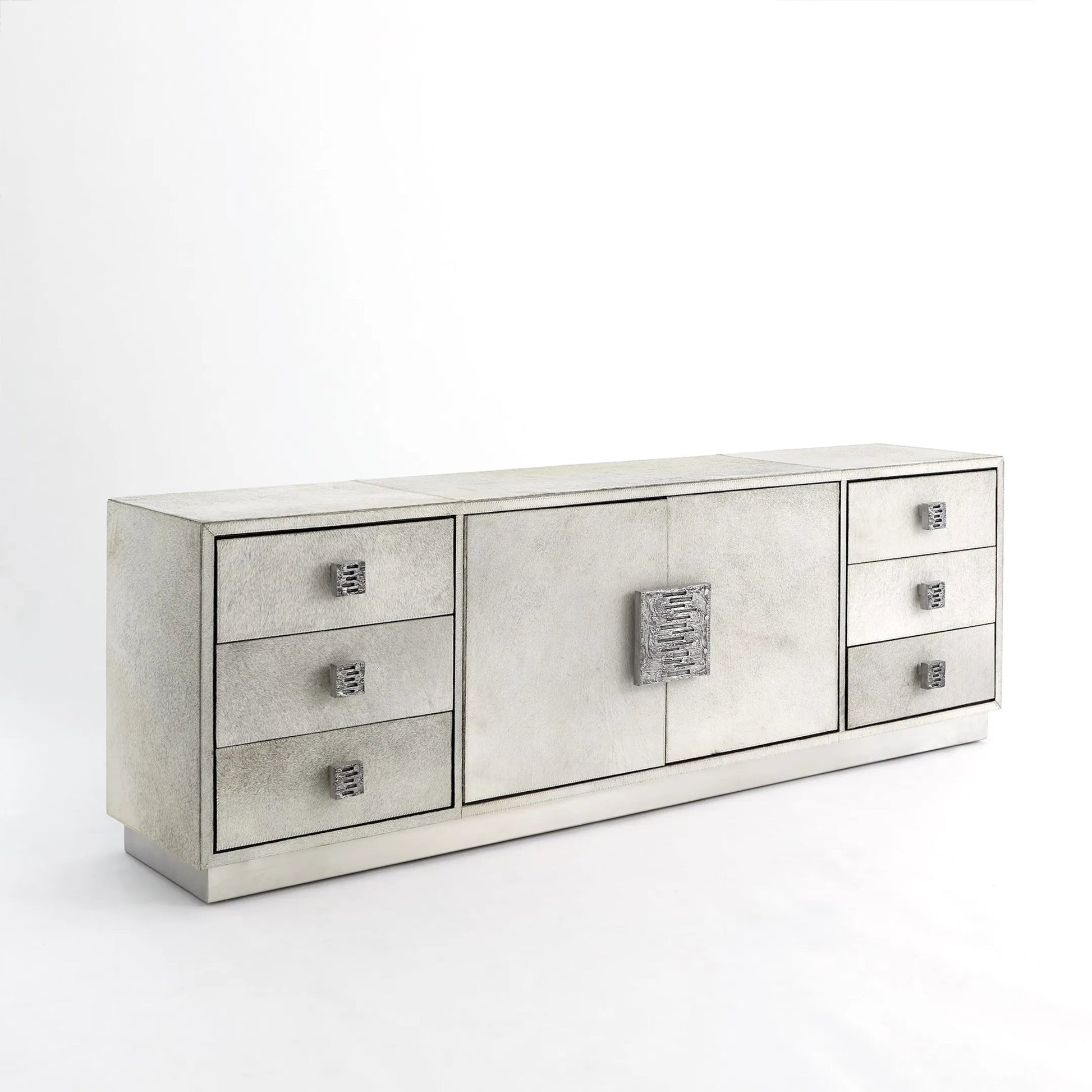 Metro Cabinet by Global Views in antique nickel, brushed nickel. Made from mdf, aluminum, stainless steel, hair on leather, polyester suede in a modern style.