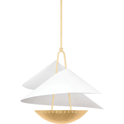Carini Pendant by Corbett in vintage gold leaf, gesso white. Made from steel in a modern style.
