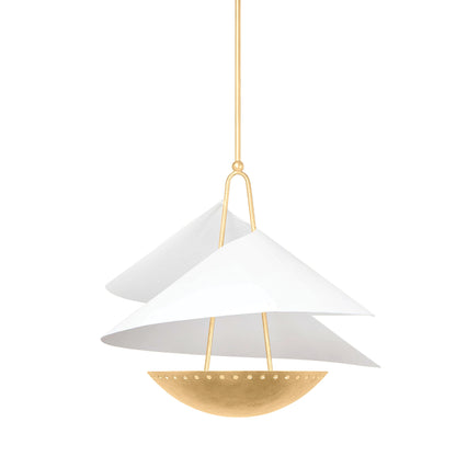 Carini Pendant by Corbett in vintage gold leaf, gesso white. Made from steel in a modern style.