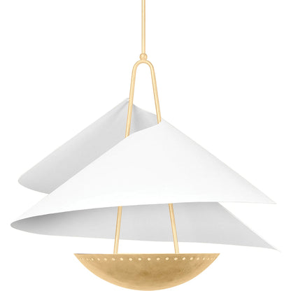 Carini Pendant by Corbett in vintage gold leaf, gesso white. Made from steel in a modern style.